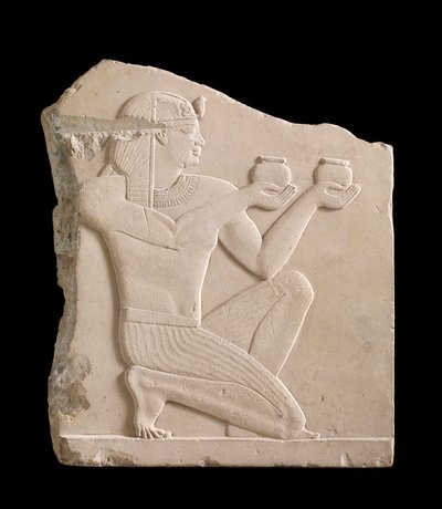 Plaque depicting a king offering wine, Ptolemaic period, 305-30 BC soft limestone by Egyptian Ptolemaic Period